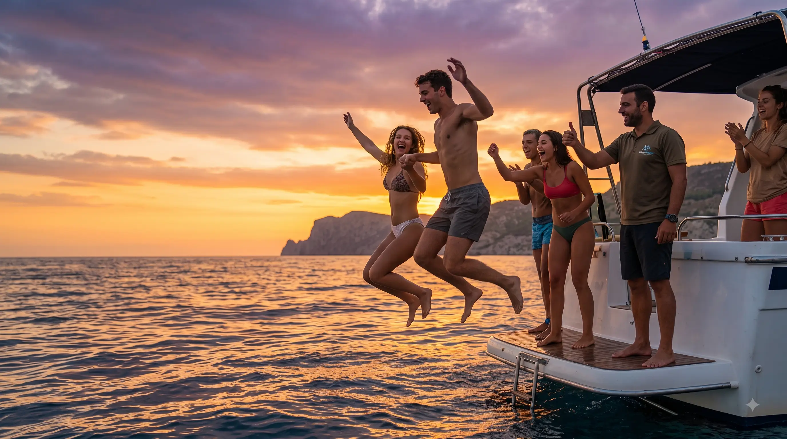 Grupo de amigos saltando al agua desde una embarcación al atardecer en la costa malagueña