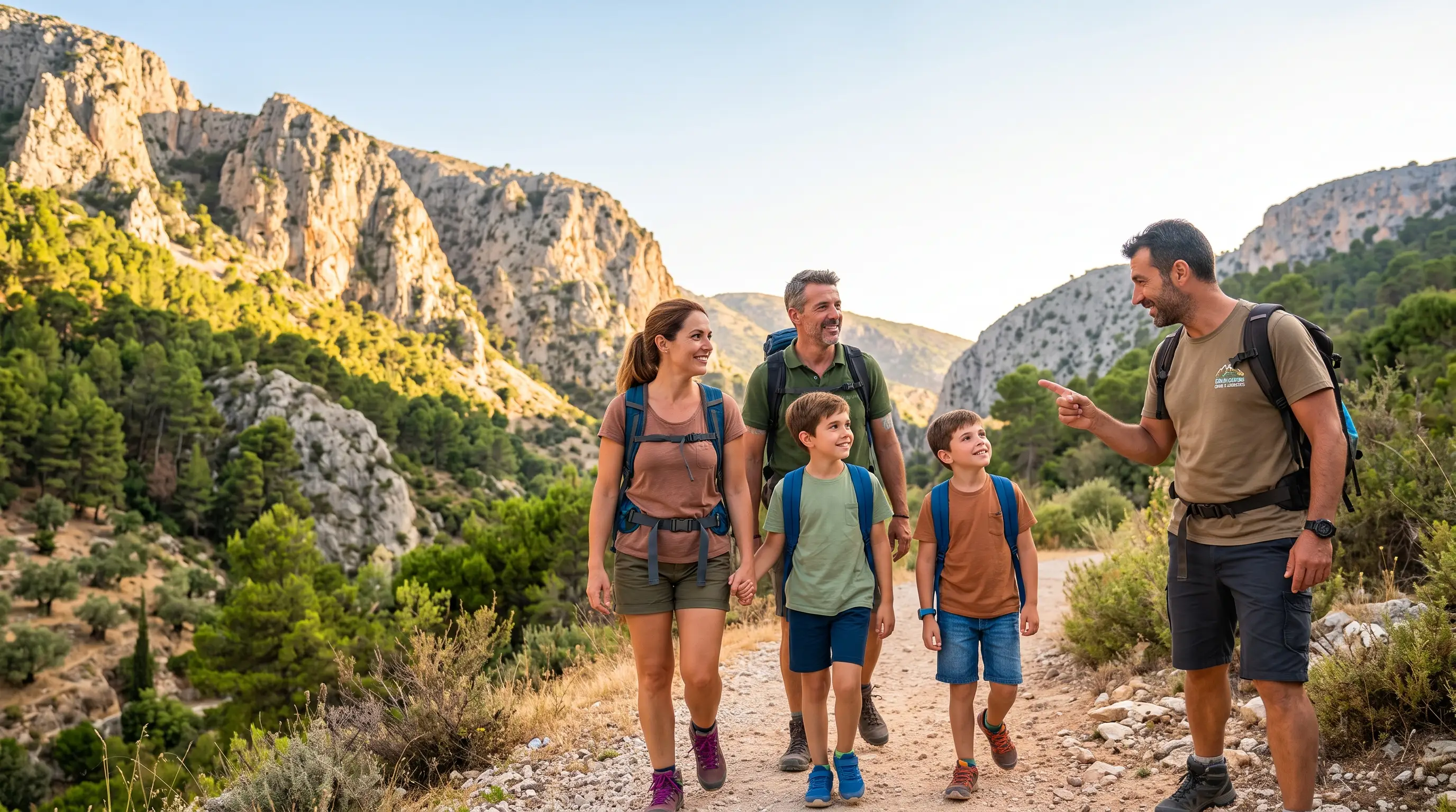 Familia haciendo senderismo guiado por un desfiladero de montaña en la provincia de Málaga